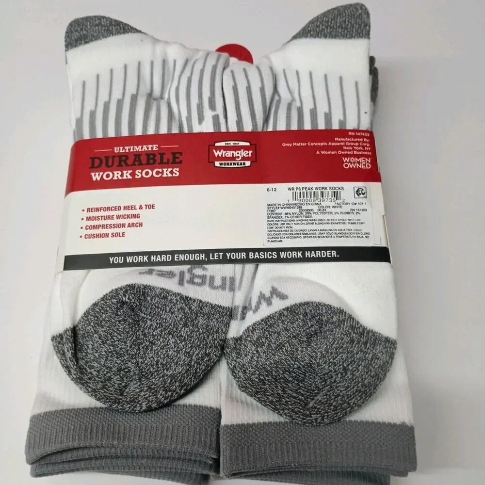 Wrangler 6 Pair Men Ultimate Durable Work Socks Sz 6-12 Reinforced Toe White New